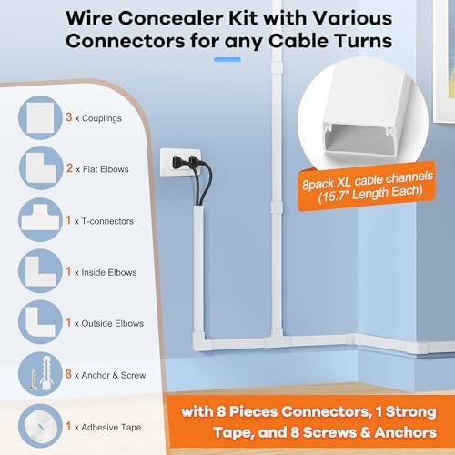 Cord Hider Kit 126in (8 x L15.7in) - ZhiYo Cable Covers for Wires on Wall, Wire Hider for Wall Mounted TV, White Cable Raceway, Paintable Cord Cover Cable Management for Home Office, W1.54in x H0.75in - Image 3