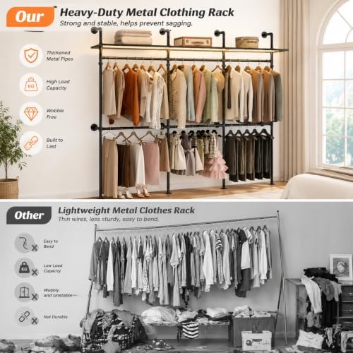 Besiost 118" Industrial Pipe Clothing Rack with RGB LED Lights, Heavy Duty Wall Mounted Closet System with Shelves, Reversible L-Shaped or Straight Garment Rack for Walk-in Closet & Bedroom, Black - Image 5
