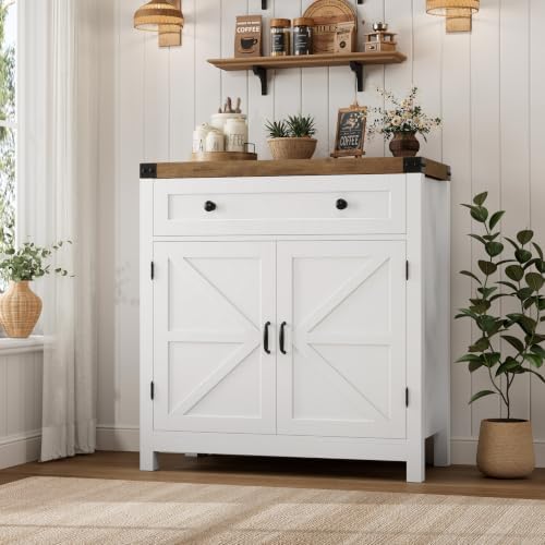HOSTACK 31.5"W Kitchen Storage Cabinet, Farmhouse Coffee Bar Cabinet, White - Image 4
