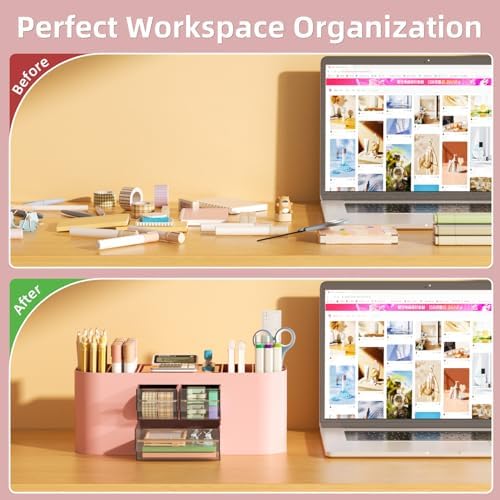 Marbrasse Desk Organizer Pen Holder for Desk with 3 Drawers, Multi-Functional Pencil Holder, Desk Organizers and Accessories with 7 Compartments for Home, School, Classroom(Pink) - Image 7