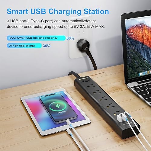 10FT Long Surge Protector Power Strip-with 5 Widely Outlets and 3 USB Ports(1 USB C Port),10 Foot Extension Cord(1250W/10A),Wall Mount for Home Office,700 J,Black(2 Pack) - Image 3