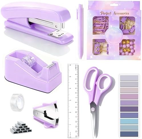 Dimonluce Purple Desk Accessories, Purple Office Supplies Accessories with Tape Dispenser, Stapler, Staple Remover, 1000 Staples, Tape, Clips Set, Ruler, Scissor, Pen by Dimonluce