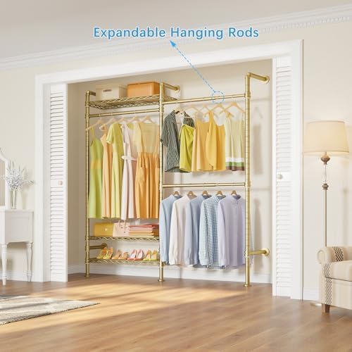 Timate F2 Industrial Pipe Clothes Rack Wall Mounted Clothing Rack for Hanging Clothes, Expandable Garment Rack Heavy Duty Wardrobe Closet Organizer and Storage, Adjustable Industrial Closet Kit, Gold - Image 2