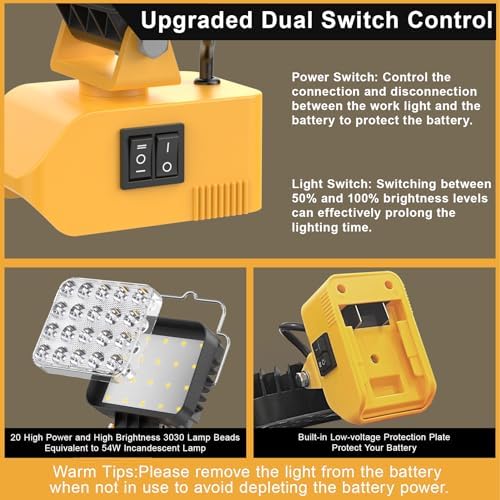54W LED Work Light for Dewalt 20V Battery, 7600LM Cordless Work Light Dual Switch Battery Protection, Portable Flood Light with USB & Type C Charger Port for Workshop, Camping, Outdoor - Image 5