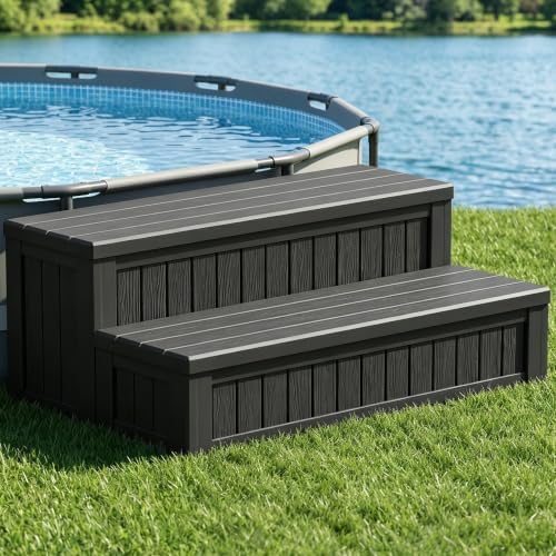 Plastic Hot Tub Steps with Storage, Spa Steps Outdoor Stairs, 36.6 Inches Long - Non-Slip All Weather Top & Feet, 32 Gallon Capacity, Waterproof for Porch/RV/Deck, Sturdy Plastic Frame, Black by WTFGO