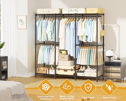 ULIFHOME E14 Heavy Duty Clothes Rack，Freestanding Clothing Racks for Hanging Clothes，Adjustable Closet Organizers and Storage，Metal Garment Rack with Shelves 58" W x16 D x77 H，Load 860LBS，Black - Image 4