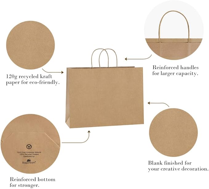 BagDream 100Pcs 16x6x12 Inches Kraft Paper Bags - Image 3