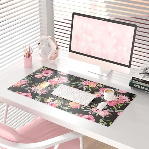 QiyI PU Leather Large Mouse Pad, Office Décor, 31.5" x 15.7", Pink Flowers - Image 2