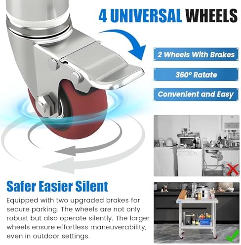KUARBARR Stainless Steel Table for Prep & Work with 4 Caster Wheels with Undershelf 30 x 36 NSF Metal Commercial Kitchen Adjustable Under Shelf Worktable for Restaurant Home Outdoor - Image 5