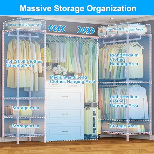 ULIFHOME E10L L-Shaped Clothes Rack for Corner（With Expandable Hanger Rod）Heavy Duty Freestanding Clothing Racks for Hanging Clothes，Portable Garment Rack 58-82"W x 30"D x 72"H，Max Load 900LBS, Pink - Image 3