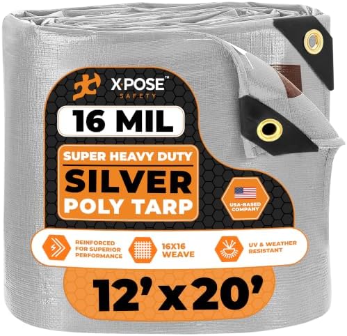 12' x 20' Super Heavy Duty 16 Mil Silver/Brown Poly Tarp Cover - Thick Waterproof, UV Resistant, Rip and Tear Proof Tarpaulin with Grommets and Reinforced Edges - by Xpose Safety by XposeSafety