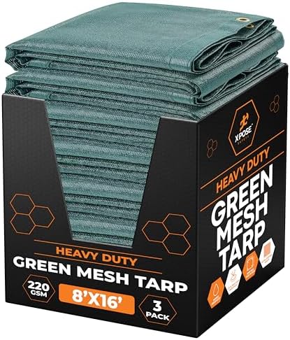 Xpose Safety Heavy Duty Green Mesh Tarp 8' x 16' (3-Pack) – 70% Sunblock Shade Cloth with Grommets for Garden, Fence, Privacy Screen, Canopies, Dump Trucks, Pool Cover – Tear & Weather Resistant by XposeSafety