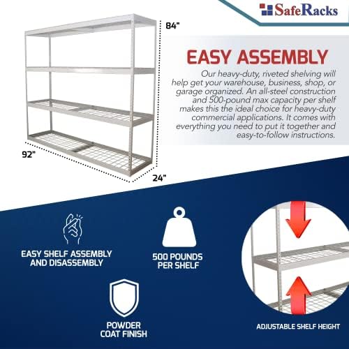SafeRacks Steel Garage Shelving Rack, 500lb/Shelf, White (24x92x84) - Image 5