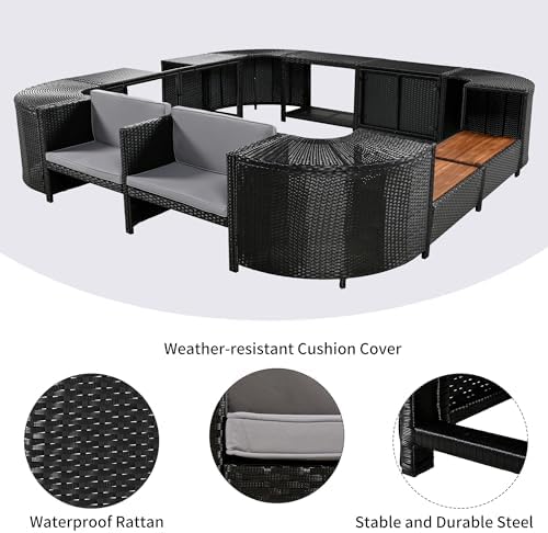 Outdoor Spa Surround Sofa Set Rattan Sectional Hot Tub Frame with Cushioned & Wooden Seats, Storage Cabinets & Table Surfaces for 74" Portable Spa, All-Weather Quadrilateral Hot Tub Surround, Grey - Image 6