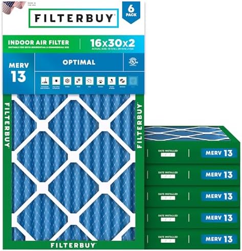 Filterbuy 16x30x2 Air Filter MERV 13 Smoke & Allergy Defense (6-Pack) by Filterbuy
