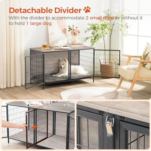 MAHANCRIS Dog Crate Furniture for 2 Dogs, 43.3" Dog Kennel with Removable Divider, Heavy Sturdy Dog Furniture Style Double Cage for Small Medium Dog, Indoor Pet House End Table, Greige DCHG1201 - Image 4