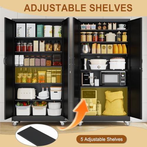 74" Metal Garage Storage Locker Cabinet with Wheels,Rolling White Farmhouse Kitchen Pantry Cabinet with 2 Doors and 5 Adjustable Shelves, Steel File Tool Cabinet for Home Office Warehouse - Image 5