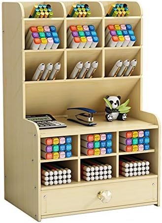 Hggzeg Wooden Desk Organizer with Drawer, Large Capacity DIY Pen Holder Storage Box Desktop Stationary Storage Rack, Pen Organizer Caddies for Office, Home and School Supplies (B16-White Maple) by Hggzeg
