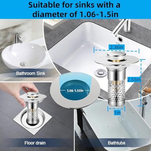 Bathroom Sink Drain Strainer 2 Pack,Bathroom Sink Stopper with Pop-Up Drain and Removable Hair Catcher, Stainless Steel Filter Basket, Fits Standard US Bathroom Sinks - Image 5