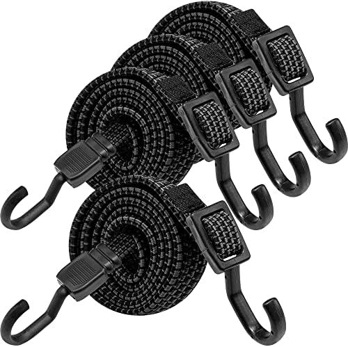 Bungee Cords with Hooks Heavy Duty, Flat Adjustable Bungee Cords with Hooks 32 Inch, Rubber Black Bungee Straps with Buckle Hooks for Outdoor, Camping, Tarps, Bike Rack, Tent, Truck, 4 Pack by Rugtol