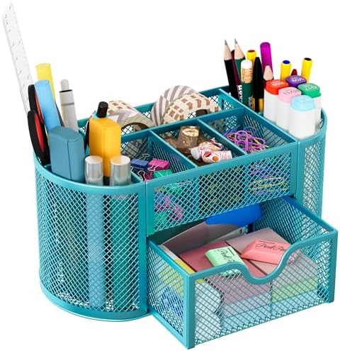 EasyPAG Mesh Pen Holder Desk Organizer with Drawer Stationery Supplies Organizer for Dorm School 9 Compartments Workspace Desk Accessories Organization for Office, Blue by EasyPAG