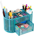 EasyPAG Mesh Pen Holder Desk Organizer with Drawer Stationery Supplies Organizer for Dorm School 9 Compartments Workspace Desk Accessories Organization for Office, Blue by EasyPAG