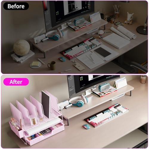 LEKETREE Pink Desk Organizer, Office Organization with Vertical File Holder, File Organizer with Drawer and Pen Holder, Desk Accessories and Workspace Organizers for Home Office (Pink) - Image 4