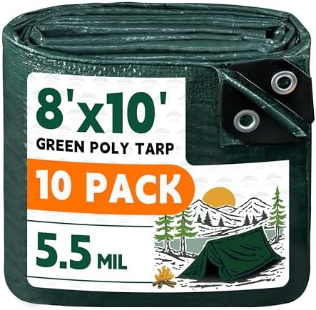 RAINDEWAY Green Tarp 8x10 Feet(10 Pack),5.5Mil Waterproof Poly Tarps Cover by RAINDEWAY