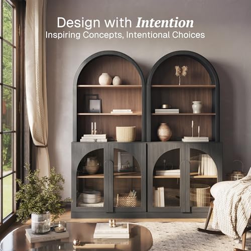 BELLEZE Arched Bookshelf with Glass Doors Set of 2, 71" Tall Wood Display Cabinet with Adjustable Shelf and Hutch, 5 Tier Modern Bookcase Shelf with Storage for Living Room Office, Ebony - Image 3