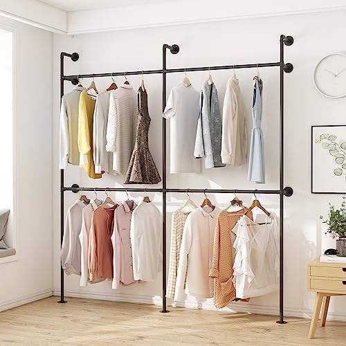 ORSENIGO Industrial Pipe Clothing Rack, Heavy Duty Metal Clothes Rack with Double Rods for Hanging Clothes, Wall Mount Space-Saving Garment Display Rack (Double, Black) - Image 3