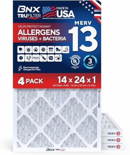 BNX TruFilter 14x24x1 Air Filter MERV 13 AC Filter, HVAC Furnace Filter, 4 Pack (ACTUAL SIZE 13.69"x23.69"x0.75") Allergies, Dust, Pet Dander & Smoke - MADE IN USA - MPR1500 / FPR 10 by BNX