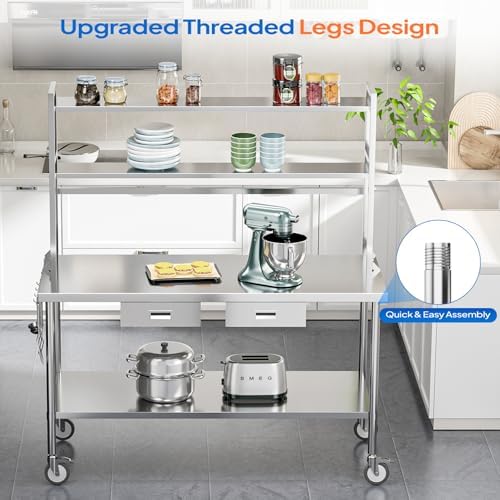 ROVSUN Stainless Steel Table with Wheels & Overshelves 48" X 24", NSF Commercial Heavy Duty Pre Table with Drawers & Adjustable Undershelf，Metal Table with Detachable Hooks for Kitchen Restaurant - Image 6