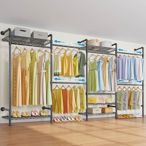 Timate F4 Wall Mounted Clothes Rack Industrial Pipe Clothing Rack for Hanging Clothes, Expandable Garment Rack Heavy Duty Wardrobe Closet Organizer and Storage, Black Adjustable Industrial Closet Kit by SturdyWallMountedClothesRack