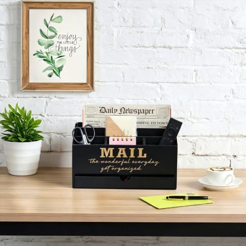 EXQUIDECA Wooden Black Rustic Countertop Mail Storage Holder with Drawer and Compartments - Office Desk Accessories and Workspace Organizers - Desktop Sorter for Pen Stationery Letter Files Documents - Image 5