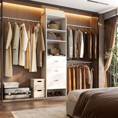 Besiost 96'' Closet Organizer System with 3 Hanging Rods, 8FT Closet Organizers and Storage with 3 Wooden Drawers, Built in Closet Organizer Systems, Adjustable Walk-in Wardrobe from 5-8FT, White - Image 3