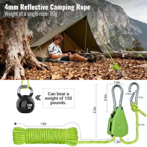 6Pack 4mm Reflective Guy Lines, Heavy‑Duty Tent Rope Tie Down Rope Line, Ultralight Camping Rope with Ratchet Pulley & 2 Metal Buckles, Aluminum Adjuster for Tarp Canopy Kayak Outdoor Camping, 13ft - Image 2