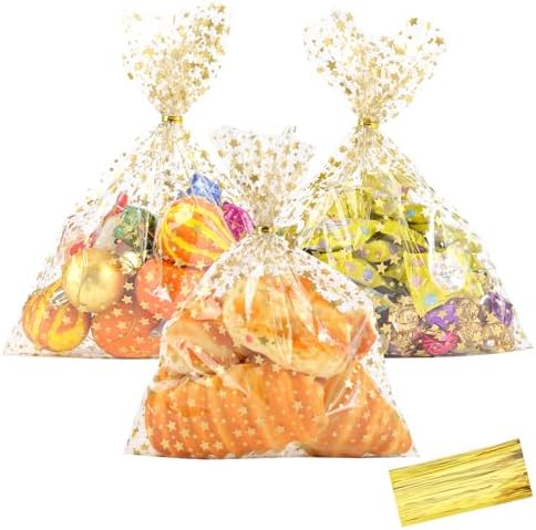 COQOFA 9"X 12" Gift Wrap Cello Cellophane Treat Bags Party Favor bags Clear Candy Cookie Bags Plastic Poly Goodie Storage Bags for Bakery,Birthday, Wedding,Party 50 pcs Gold by COQOFA