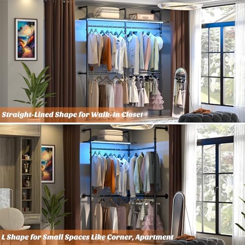 Aheaplus Industrial Pipe Clothing Rack, 79.7'' Closet System with LED Light - Image 3