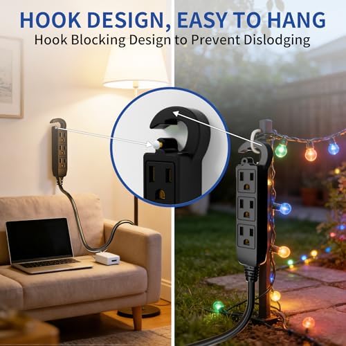 50Ft 3 Prong Multiple Outlets Outdoor Extension Cord, Black - Image 6
