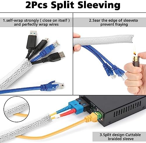 White Cable Management Organizer Kit, 2 Wire Sleeve Protector, 41 Self Adhesive Cable Clips Holder, 10pcs+2 Roll Reusable Cable Ties and 100 Cable Zip Ties for TV Computer Cord Tidy Under Desk - Image 2