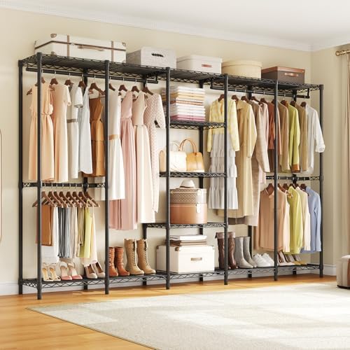 ONBRILL F5 Extra Large Industrial Pipe Clothing Rack, Freestanding Portable Closet Organizer System with Shelves & Hanging Rods, 86.6'' Wide Heavt Duty Clothes Rack, Max Load 1300lbs, Black by ONBRILL