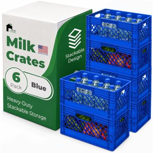 EconoHome Milk Crate - Stackable Storage Crate with Built-In Handles - Heavy Duty Plastic Material - Ventilated Organizer Bin for Garage, Pantry, Classroom, Office & Moving - Blue, 19x13x11, 6-Pack by EconoHome