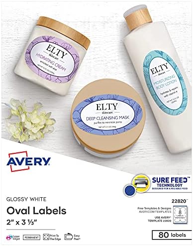 Avery Printable Oval Labels, 2" x 3-1/3", Glossy White, Laser & Inkjet Compatible, 80 Blank Labels Total, Great for Mailing, Branding, Packaging, and More (22820) by Avery