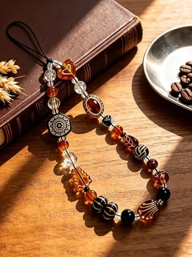 2 Pcs Phone Charm Strap Hand Wrist Strap Camera Lanyard Pearl Beaded Cute Chain String Accessories Universal for iPhone 17 Pro Max 16 15 14 for Samsung Women Girls Keychain Brown Bead and Kawaii Fruit - Image 3