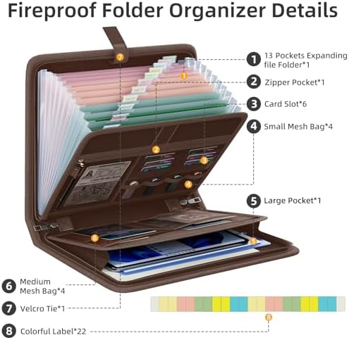 Fireproof Accordion File Organizer, Expanding File Folder with 13 Pockets - Image 5