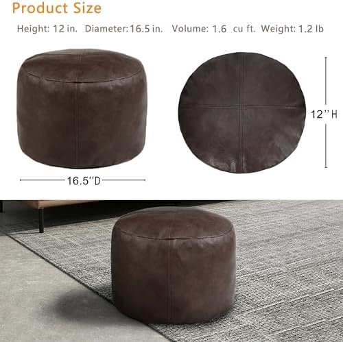 Thgonwid Unstuffed Faux Leather Pouf Cover, Handmade Footstool Ottoman Storage Solution, Floor Footrest Cushion - 16.5”Dx12”H, Matte Coffee - Image 3