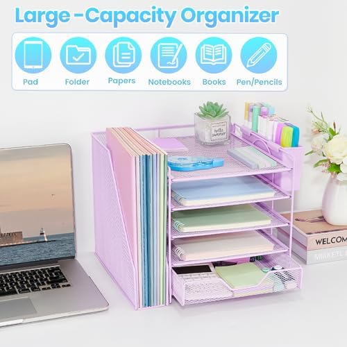 5-Tier Desk File Organizer with Drawer & Pen Holder (Purple) - Image 6