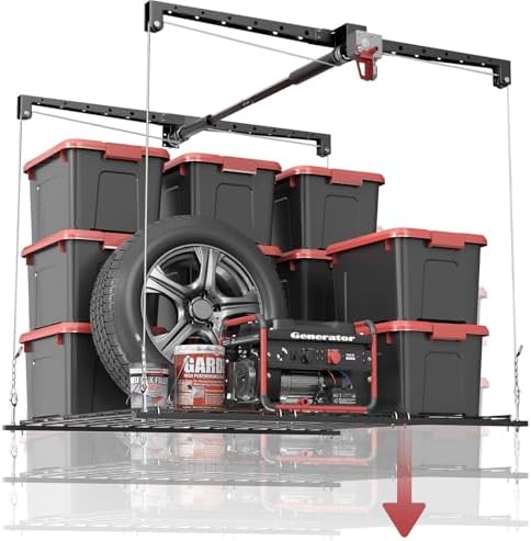 Overhead Garage Storage Rack for 10–12 FT Ceiling, Heavy-duty 4x4 FT Ceiling Storage Racks with Safety Lock, Ideal for Garage Storage Mounted Lift System and Storage Organizer, 250lbs Capacity by KOKORACKER