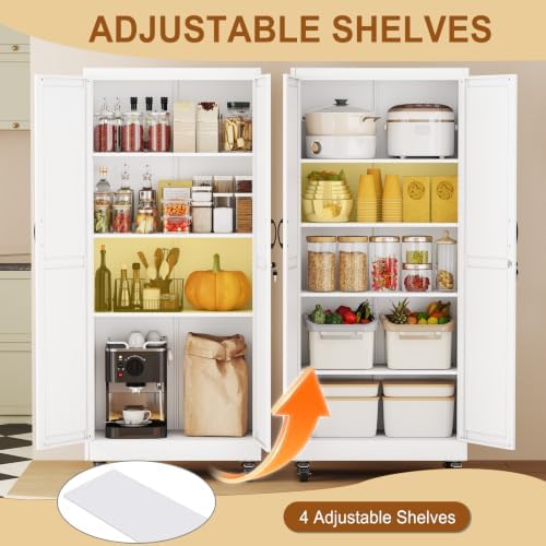 71" Metal Garage Storage Locker Cabinet with Wheels,Rolling White Farmhouse Kitchen Pantry Cabinet with 2 Doors and 4 Adjustable Shelves, Steel File Tool Cabinet for Home Office Warehouse - Image 5