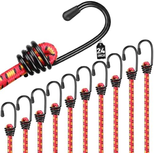 10-Piece 24" Elastic Bungee Cords with Hooks, Heavy Duty Outdoor Elastic Bungee Cords, Bungee Cord Bundle with Metal Hook for Securing Tarps, Luggage, Tents, Bikes or Garden Tidying by HORUSDY
